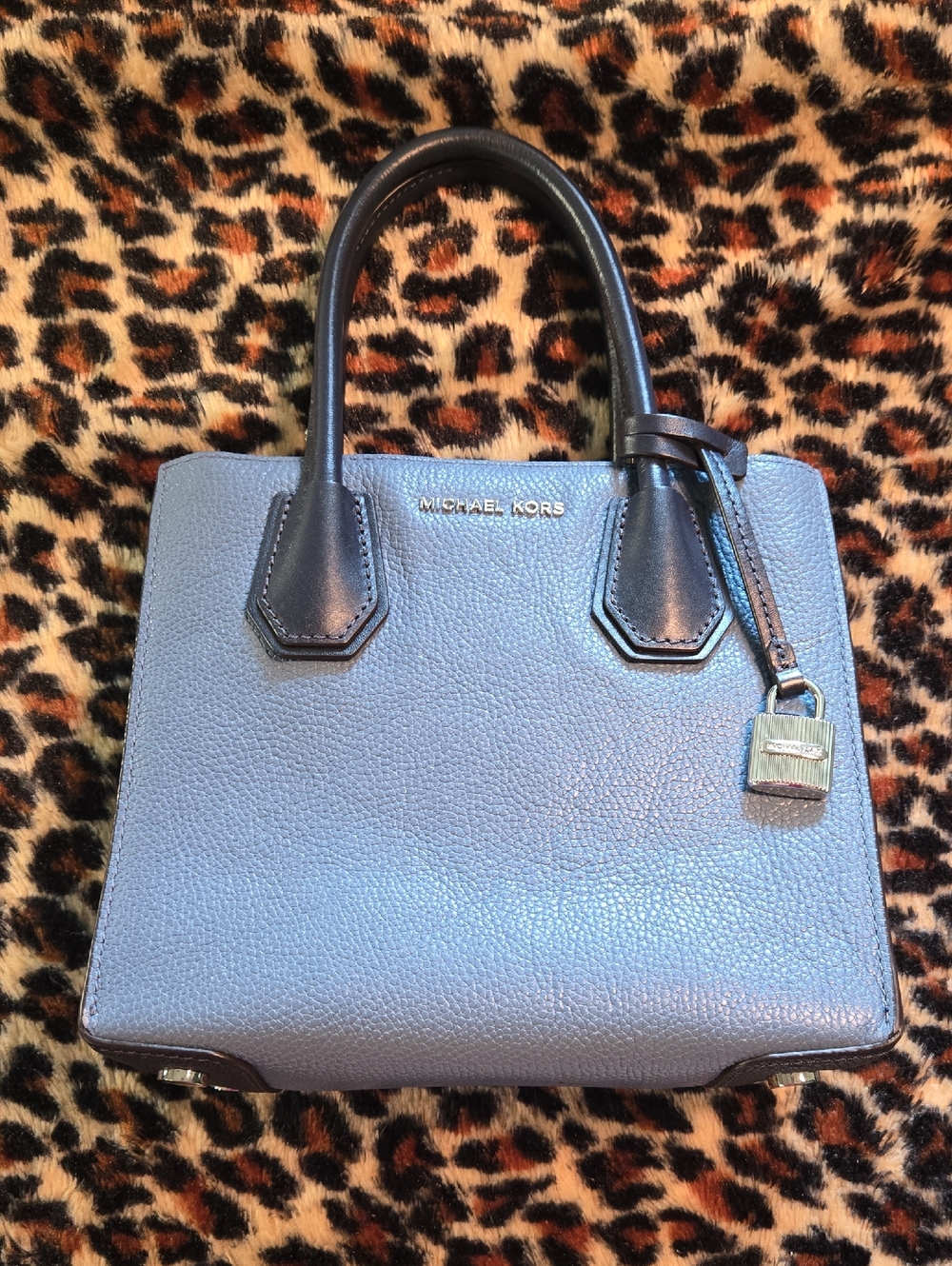 Michael Kors Light Blue Pebbled Leather Satchel with Navy Handles